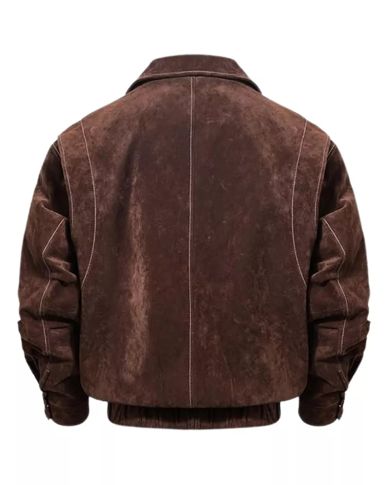 Back view of OakLeather Brown Suede Leather Bomber Jacket