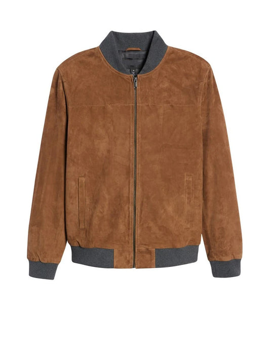 OakLeather Men’s Camel Brown Suede Bomber Jacket front view