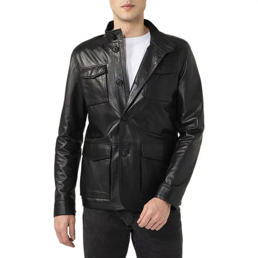 OakLeather Men’s Flap Pockets Black Leather Jacket front view