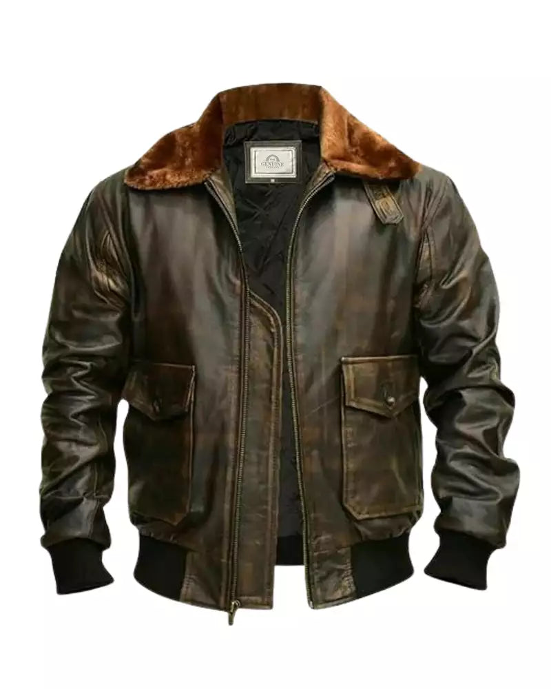 OakLeather Men’s G-1 Flight Distressed Brown Aviator Jacket front view