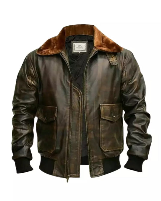 OakLeather Men’s G-1 Flight Distressed Brown Aviator Jacket front view