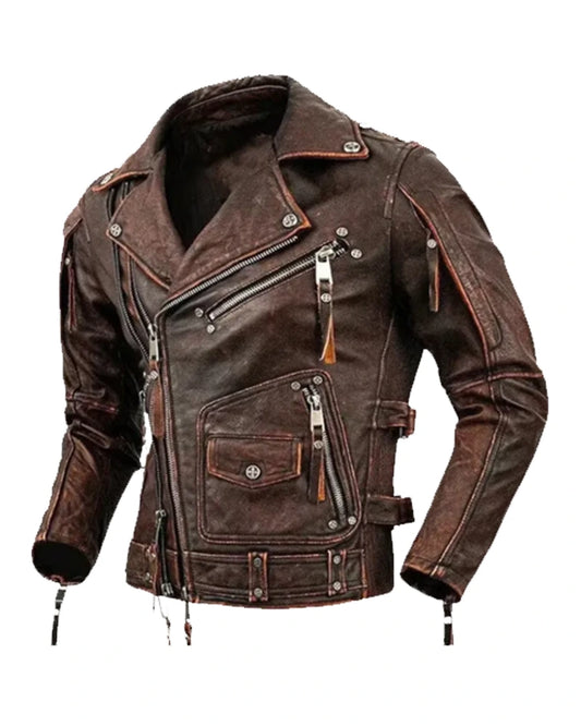 OakLeather Men’s Genuine Cowhide Motorcycle Jacket front view