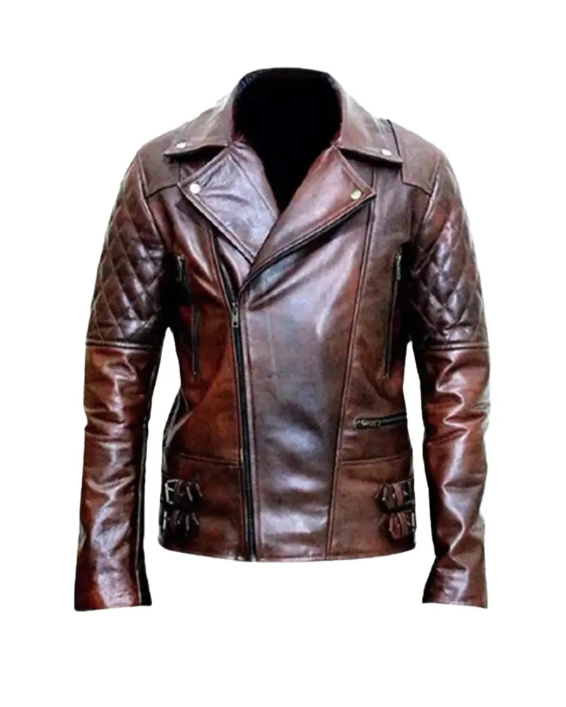 OakLeather Men’s Motorcycle Distressed Brown Leather Jacket front view