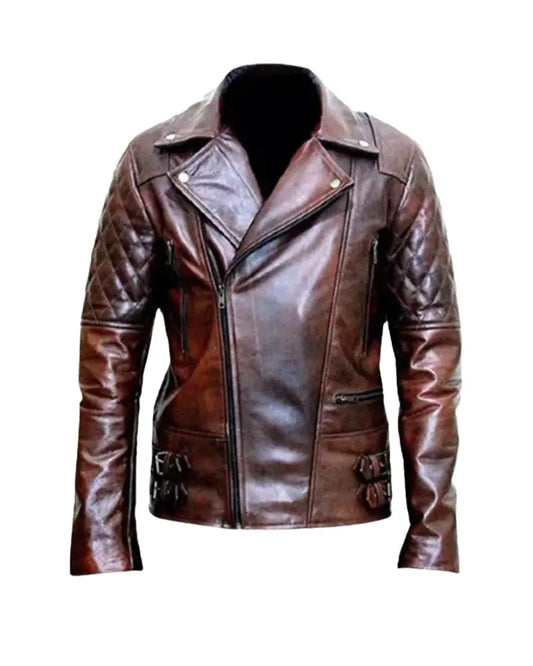 OakLeather Men’s Motorcycle Distressed Brown Leather Jacket front view
