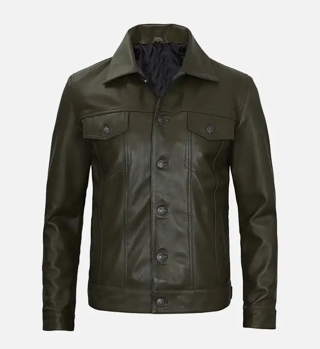 OakLeather Men’s Olive Green Real Leather Trucker Jacket front view