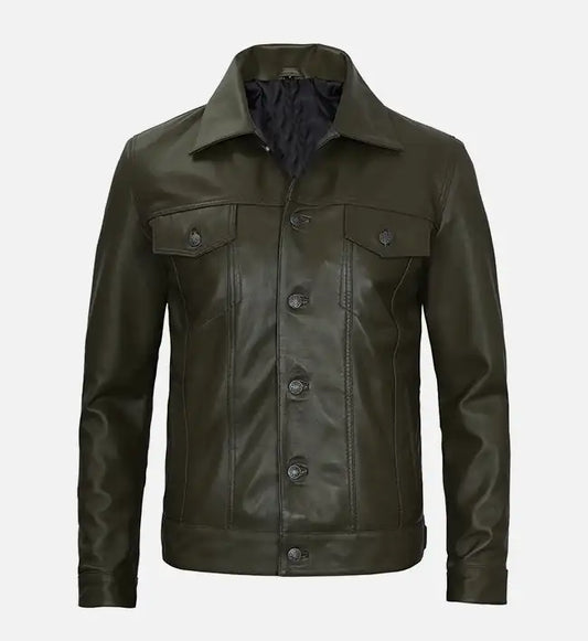 OakLeather Men’s Olive Green Real Leather Trucker Jacket front view