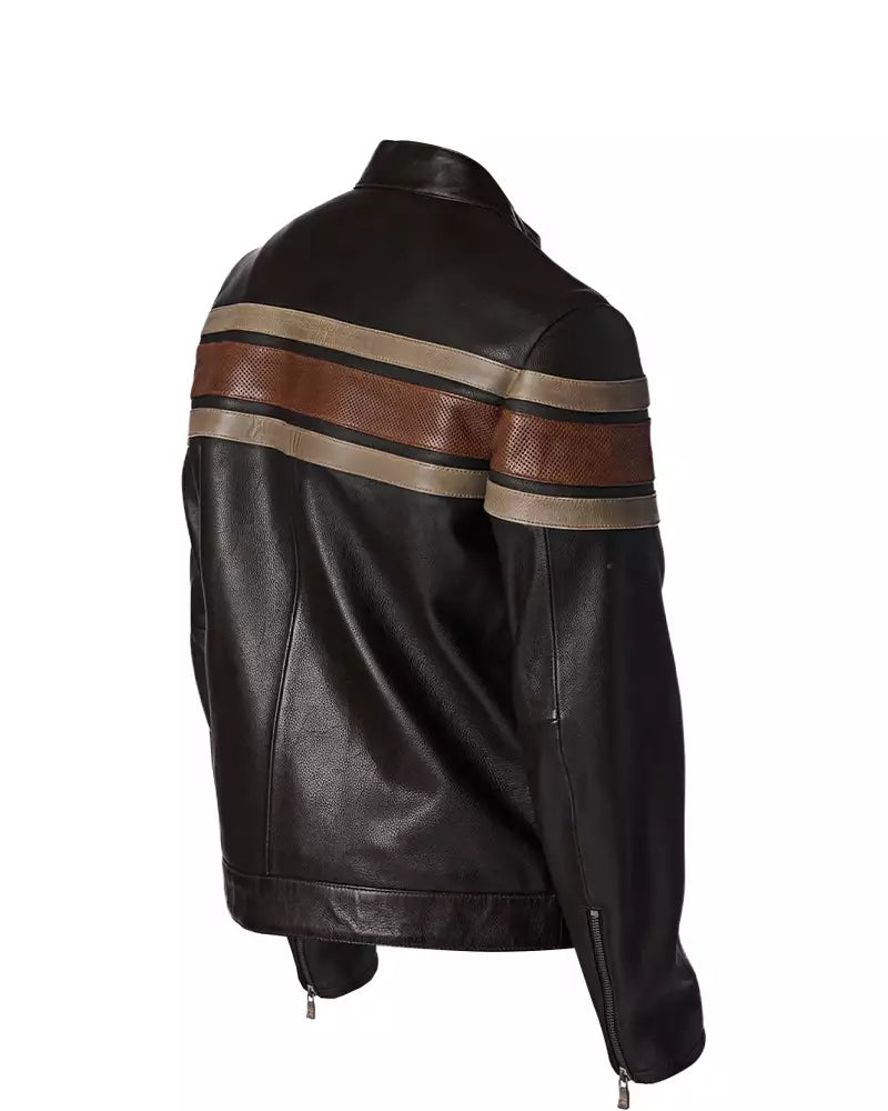 Side view OakLeather Dale Retro Striped Leather Motorcycle Jacket