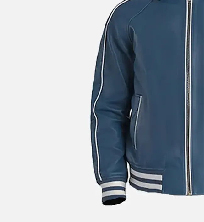 Side view OakLeather Men’s Blue Leather Varsity Jacket