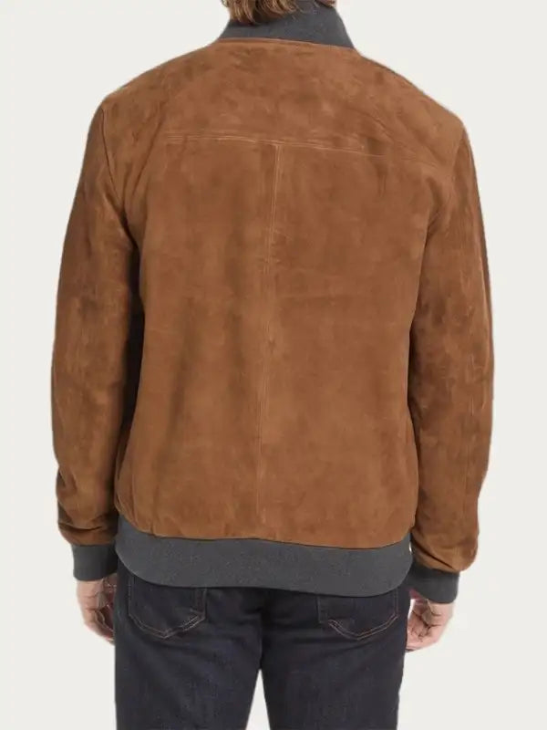 Back view of OakLeather Men’s Suede Bomber Jacket in camel brown