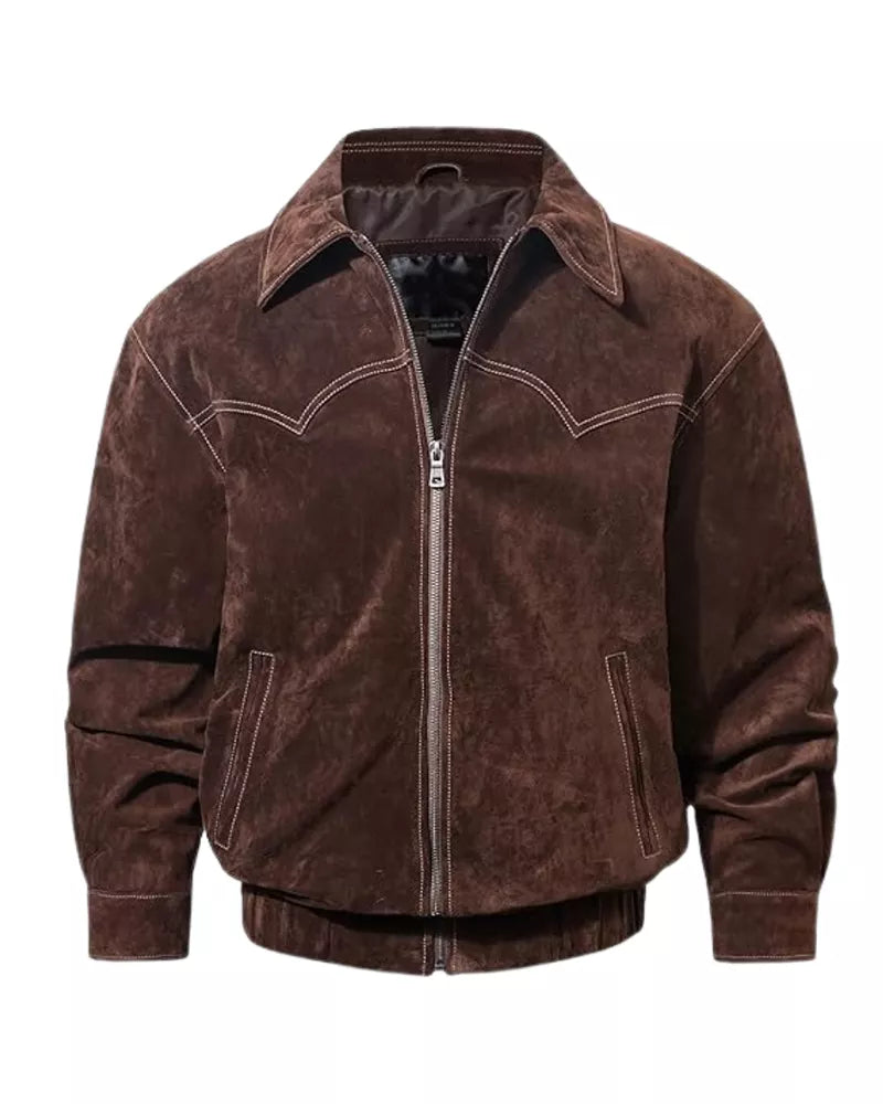 OakLeather Men’s Suede Brown Leather Bomber Jacket front view