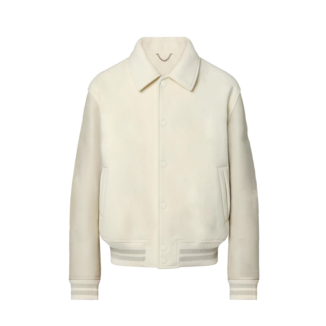 OakLeather Men’s White Leather Varsity Jacket front view