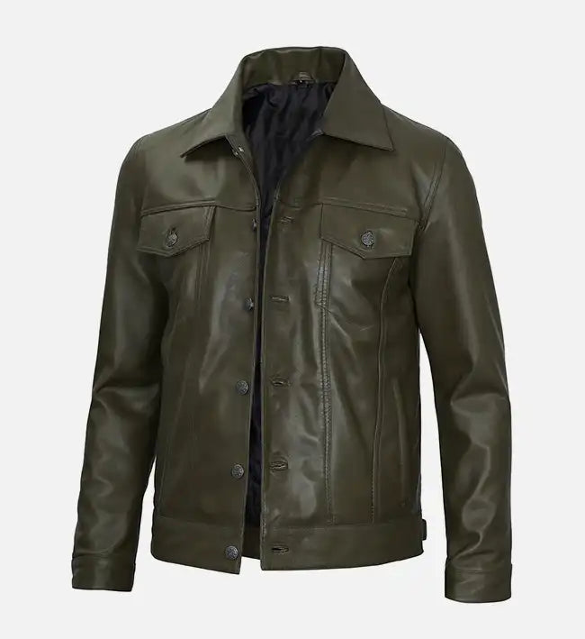 Handmade in Pakistan OakLeather olive green leather trucker jacket