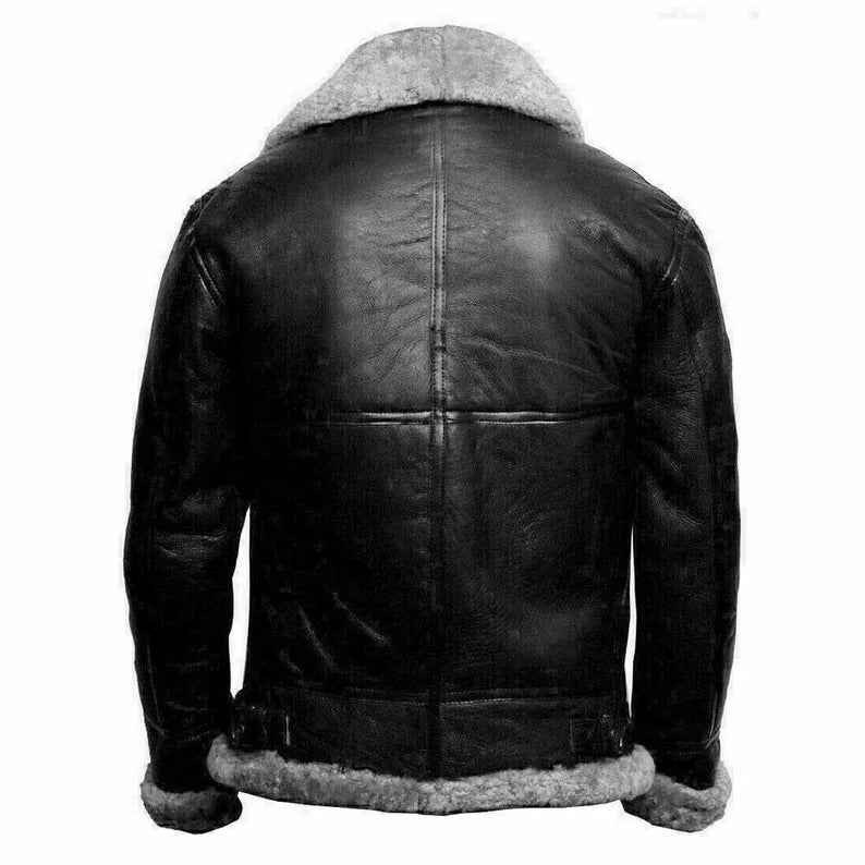 Back view of OakLeather Black Shearling Fur Aviator Jacket