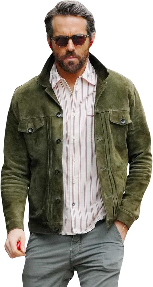OakLeather Ryan Reynolds Green Suede Leather Trucker Jacket front view