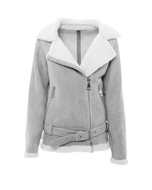 OakLeather Women’s Grey Suede Shearling Jacket front view