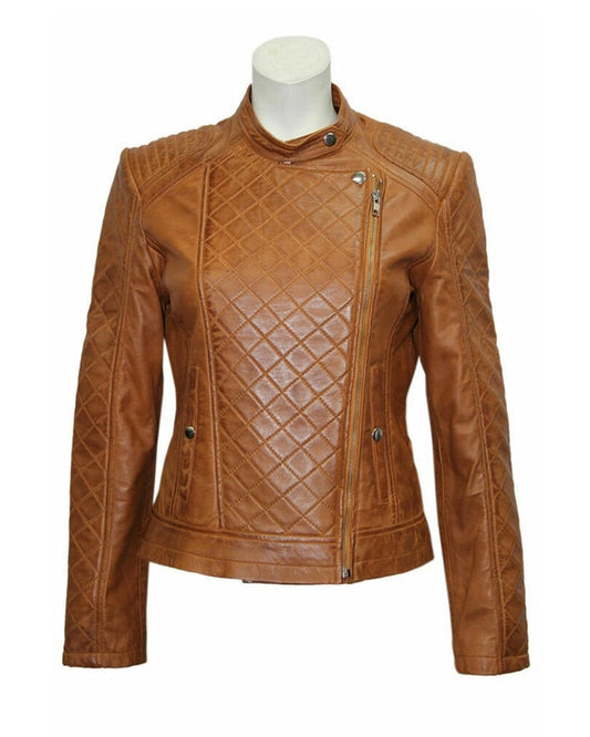 OakLeather Women’s Slim Fit Brown Quilted Leather Jacket front view
