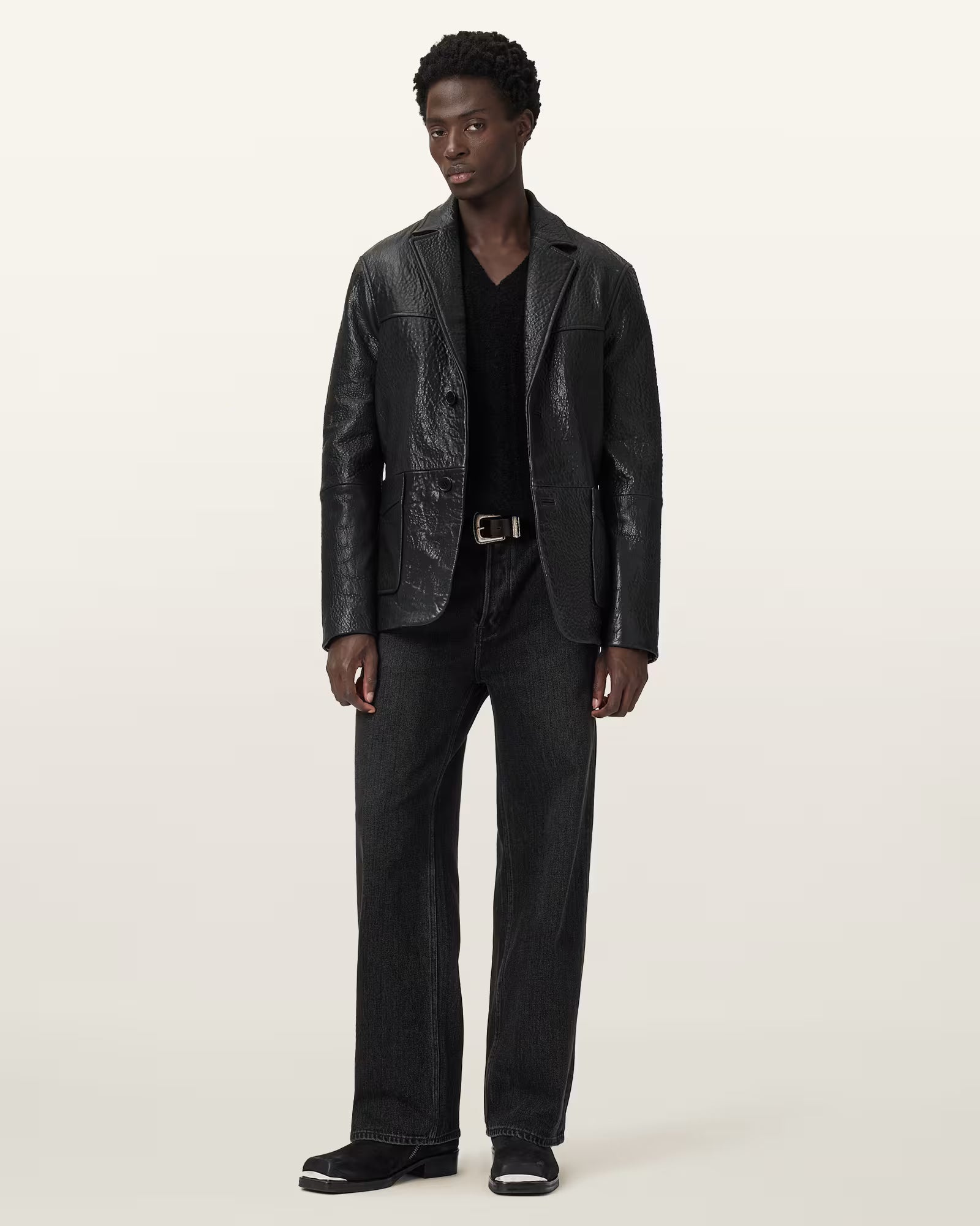 "Man wearing Oak Leather Shadwell Blazer – stylish and elegant leather jacket"