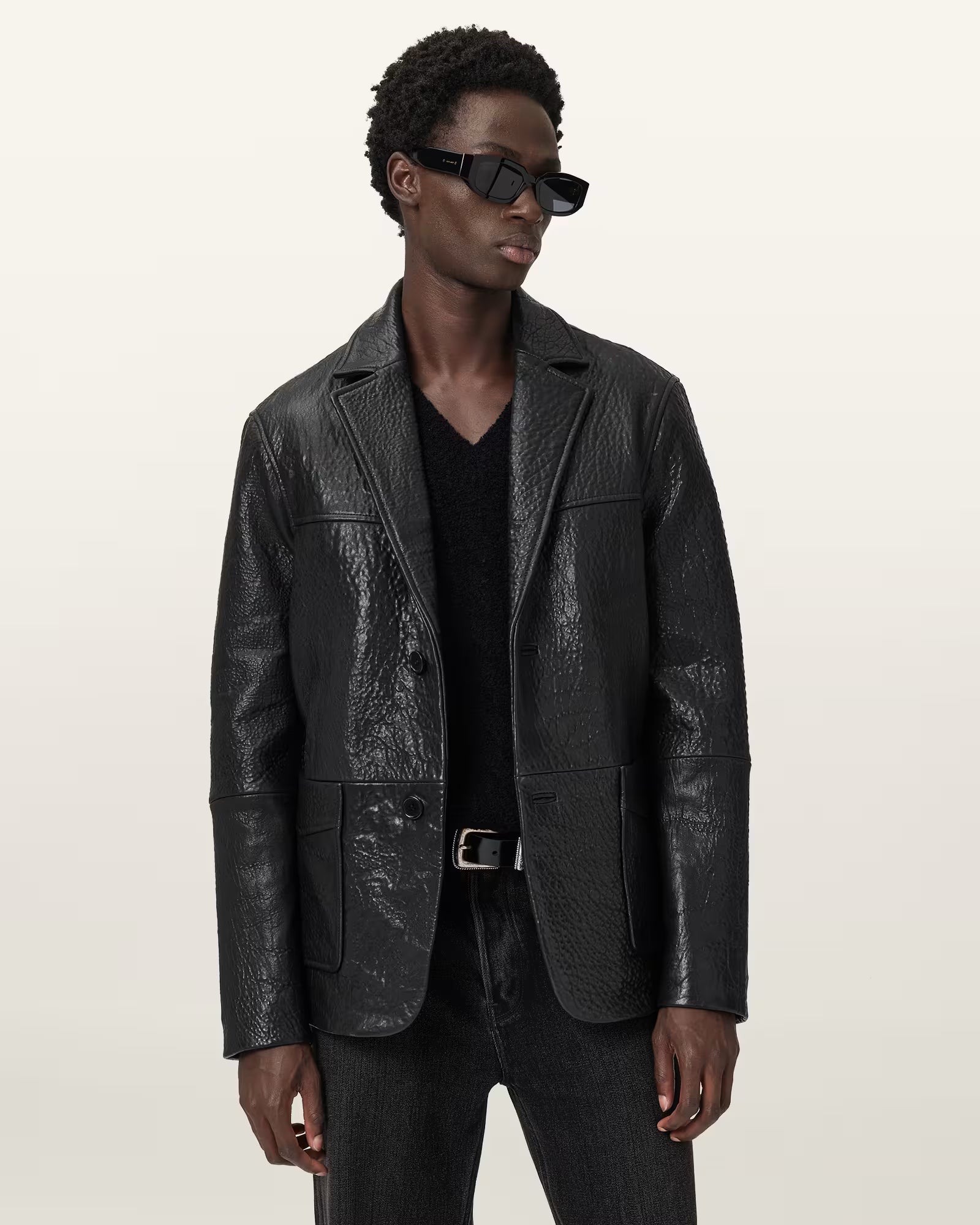 "Close-up of Oak Leather Shadwell blazer with sleek single-breasted design"
