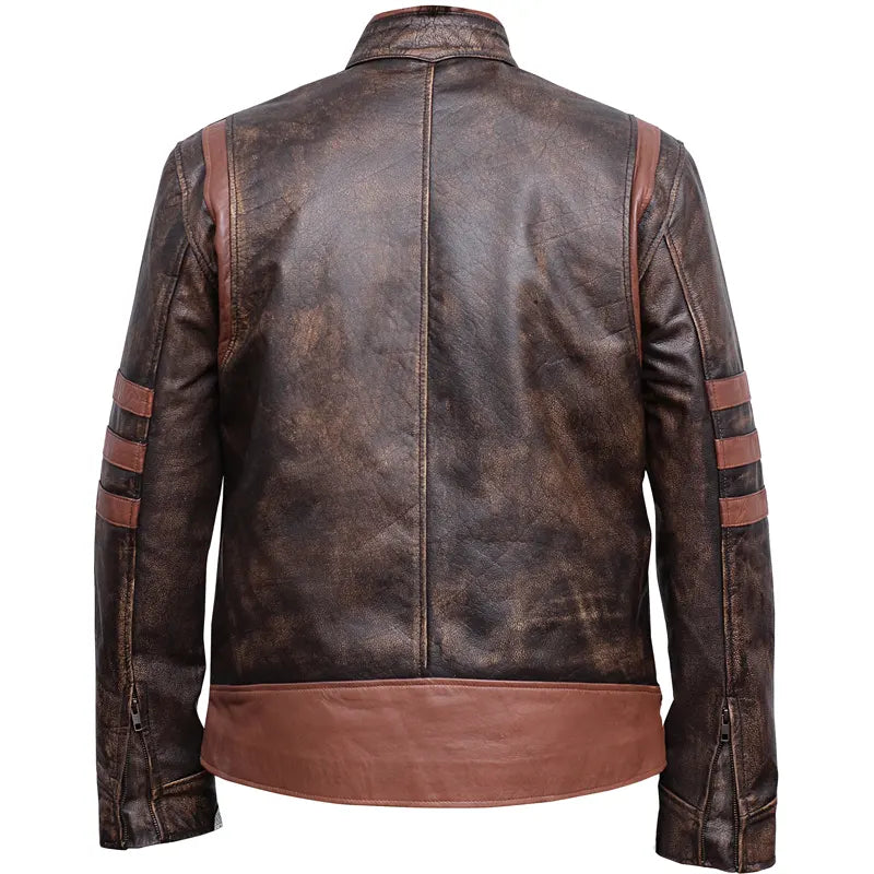 Brown leather jacket with striped accents on a white background