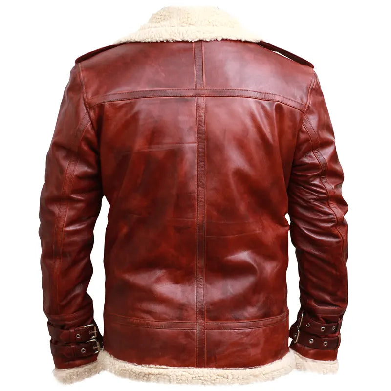 Handmade Pakistan brown oak leather shearling collar jacket