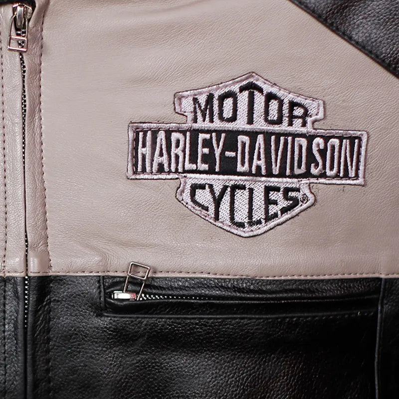 Close-up of oak leather on Harley-Davidson Votary color-blocked jacket