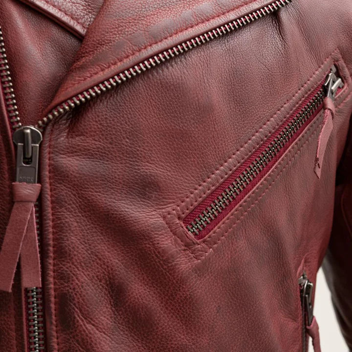 Side profile of men’s Fillmore oak leather biker jacket