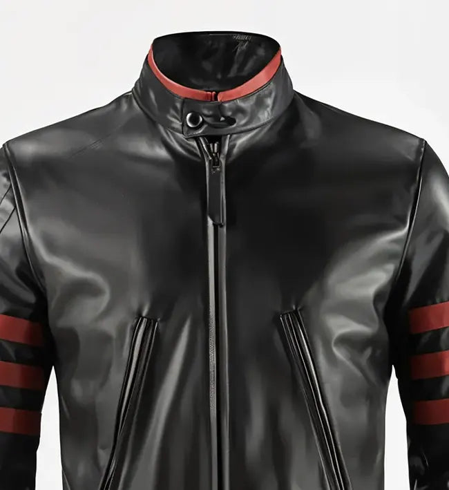 Black leather jacket with red accents on a gray background