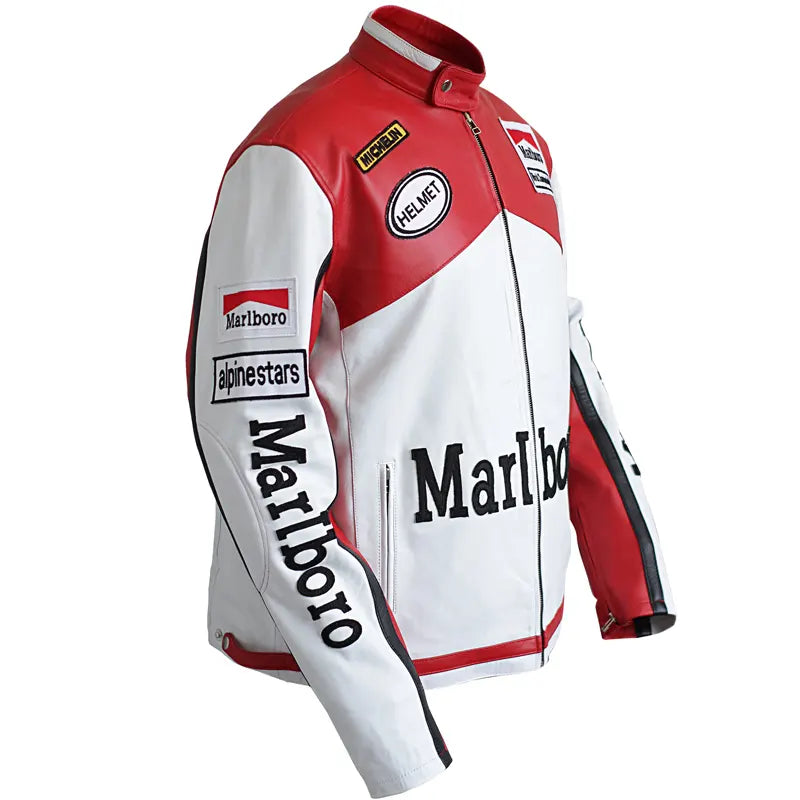 Red and white jacket with Marlboro branding on a white background