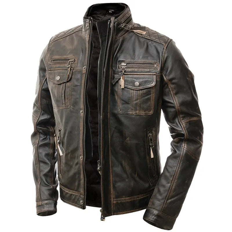Brown leather jacket with zippers and pockets on a white background