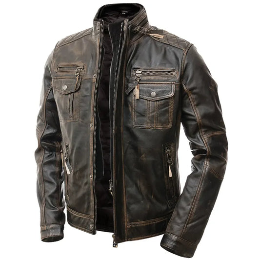 Brown leather jacket with zippers and pockets on a white background