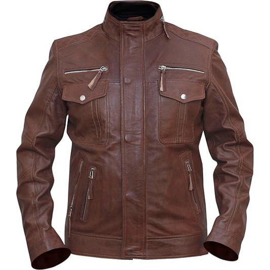 Brown leather jacket with multiple pockets and zippers on a white background