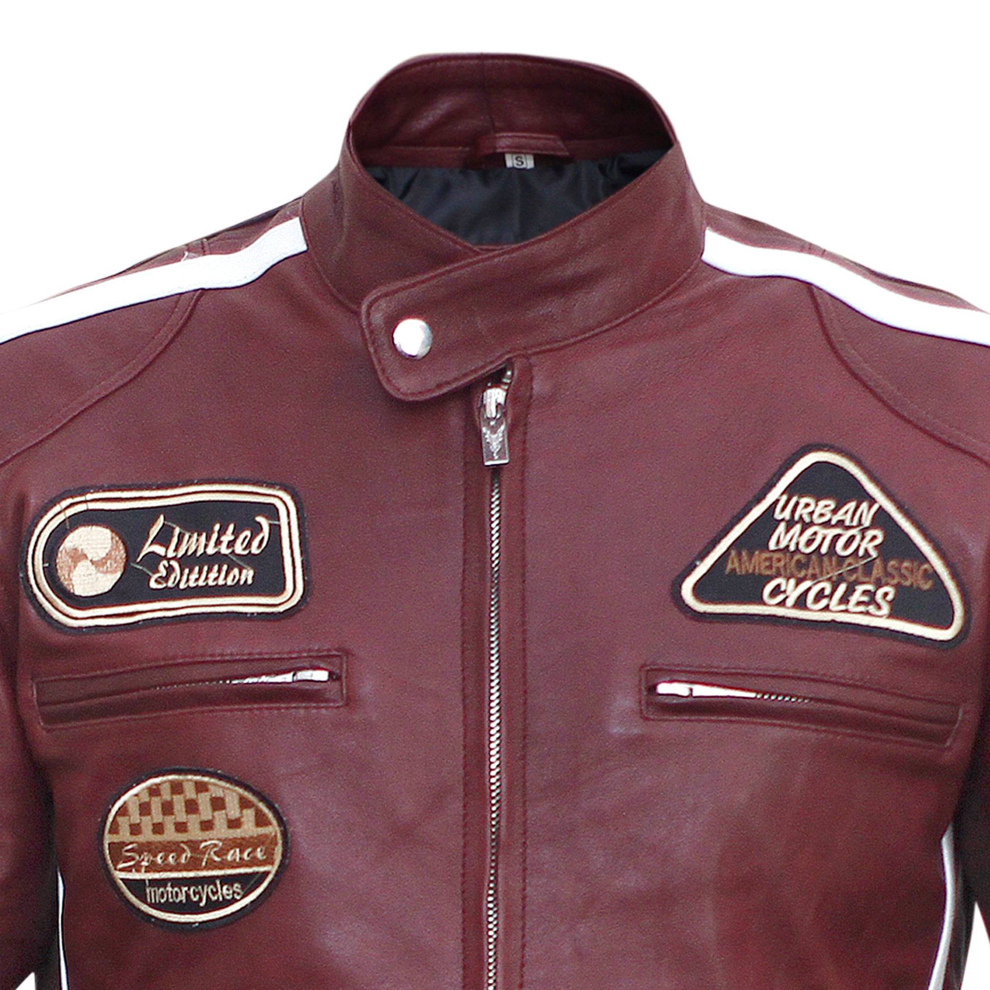 Maroon leather jacket with patches on a white background