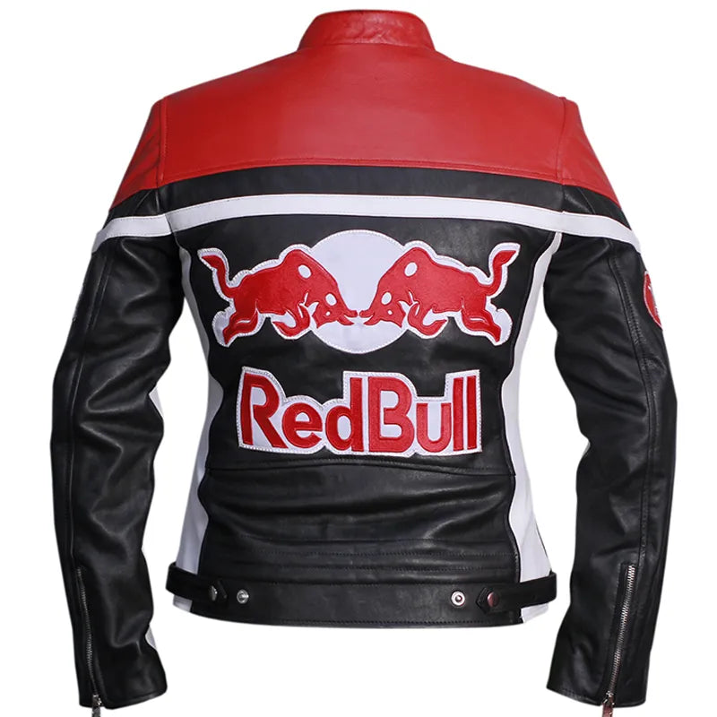 Red Bull branded leather jacket on a white background
