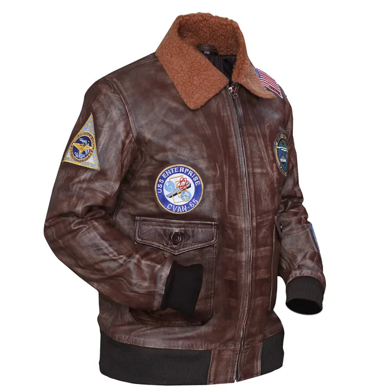Brown leather jacket with patches on a white background