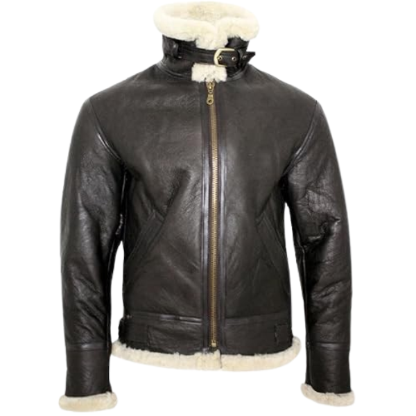 Black leather jacket with white fur lining on a white background
