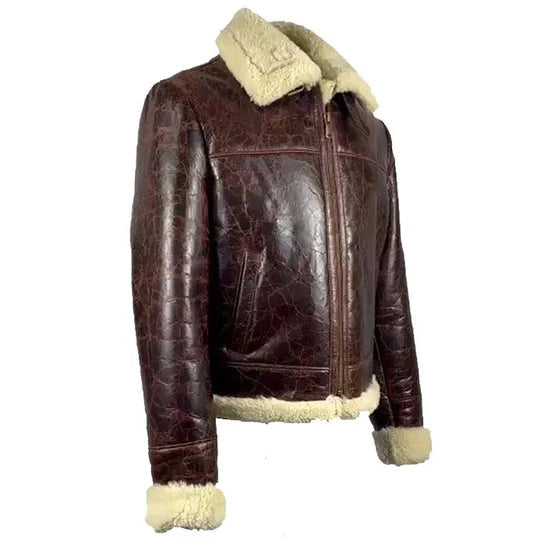 Brown leather jacket with white fur lining on a white background
