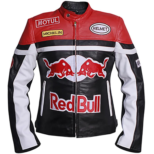 Red Bull branded leather jacket with various sponsor logos on a white background