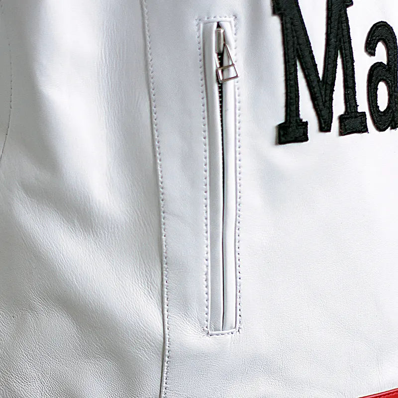 Close-up of a white leather jacket with a zipper and text on a white background