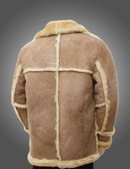 Back view of the men's brown sheepskin leather fur coat.
