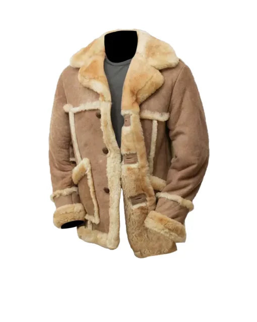 Men’s brown sheepskin leather fur coat with button-down front.