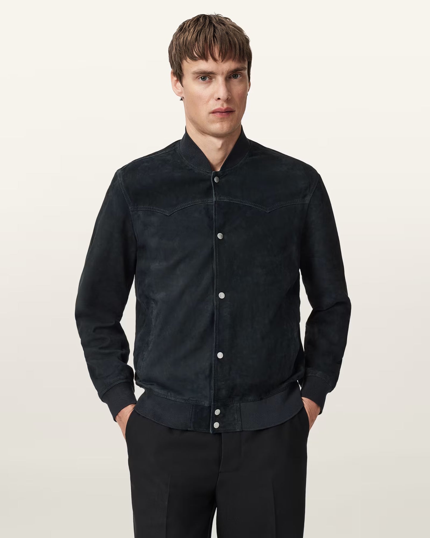 "Model wearing Oak Leather Stafford suede bomber – classic men’s leather jacket"