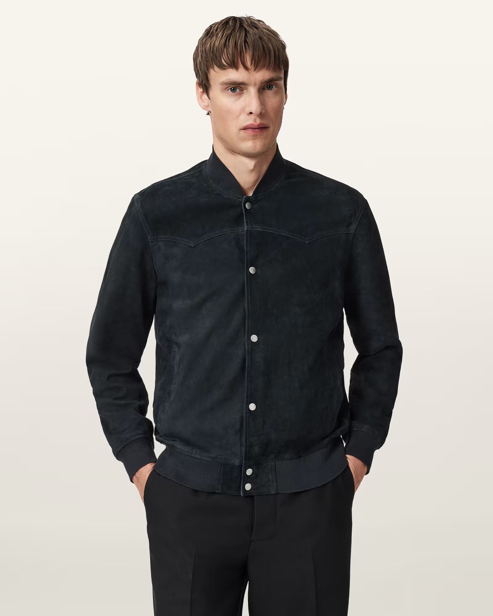 "Model wearing Oak Leather Stafford suede bomber – classic men’s leather jacket"