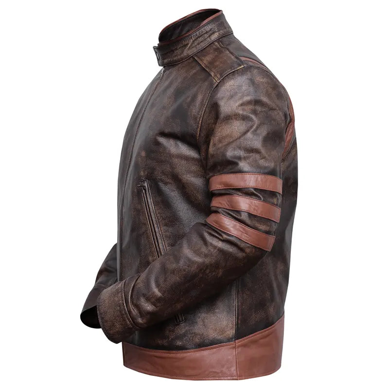 Brown leather jacket with arm band design on a white background