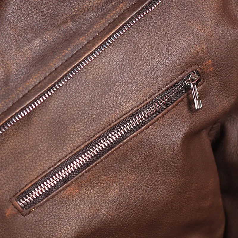 Back design of handmade brown oak leather biker jacket