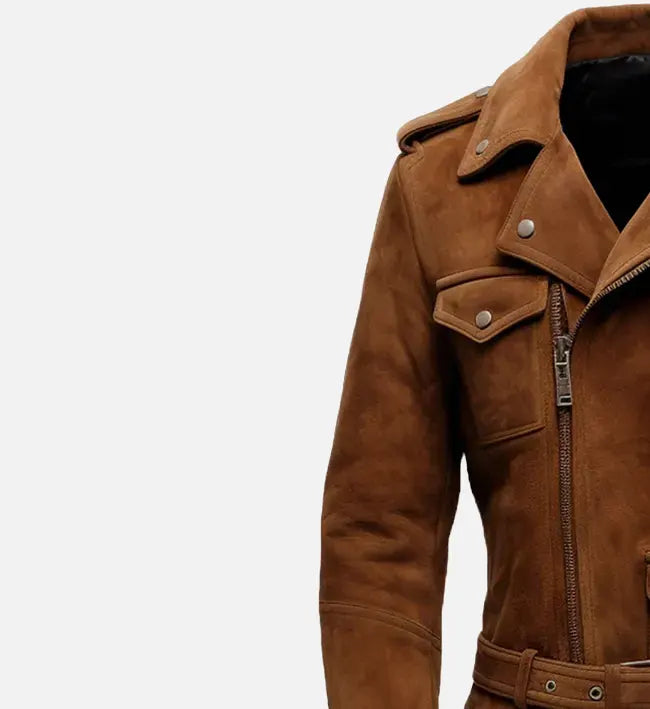 Back view of men’s brown suede oak leather biker jacket
