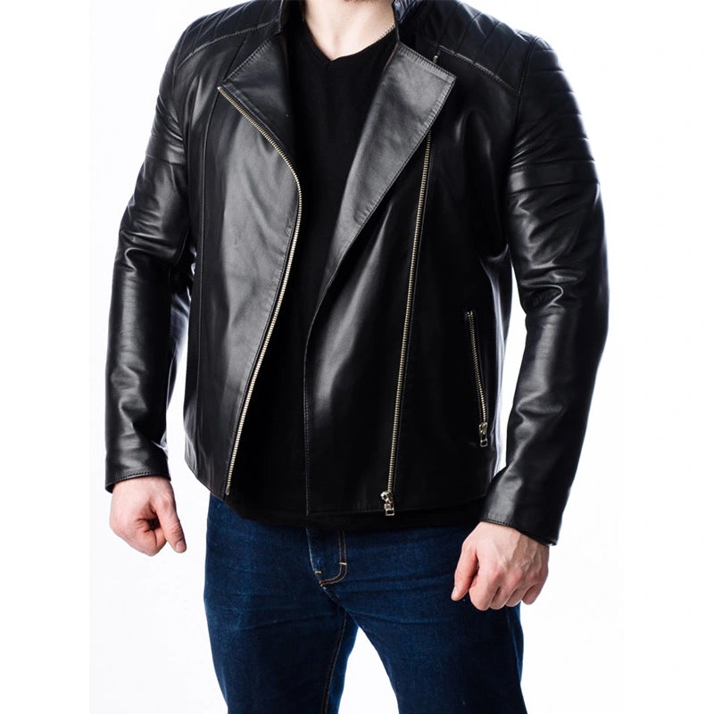 Side profile of men’s quilted oak leather motorcycle jacket