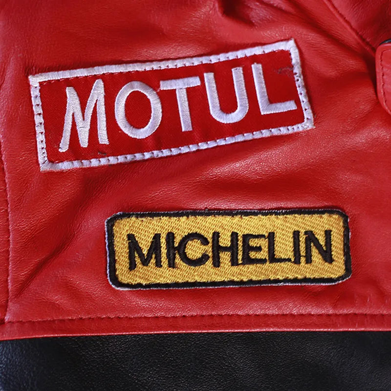 Red leather jacket with Motul and Michelin patches