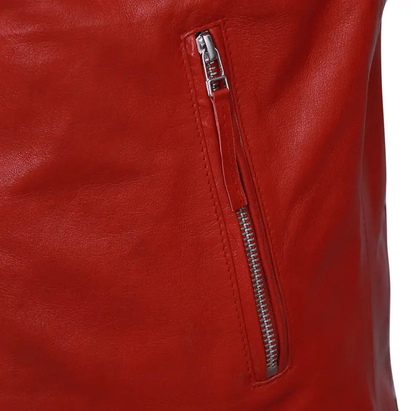 Back design of black café racer oak leather jacket with red accents