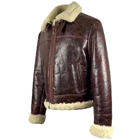Brown leather jacket with white fur lining on a white background