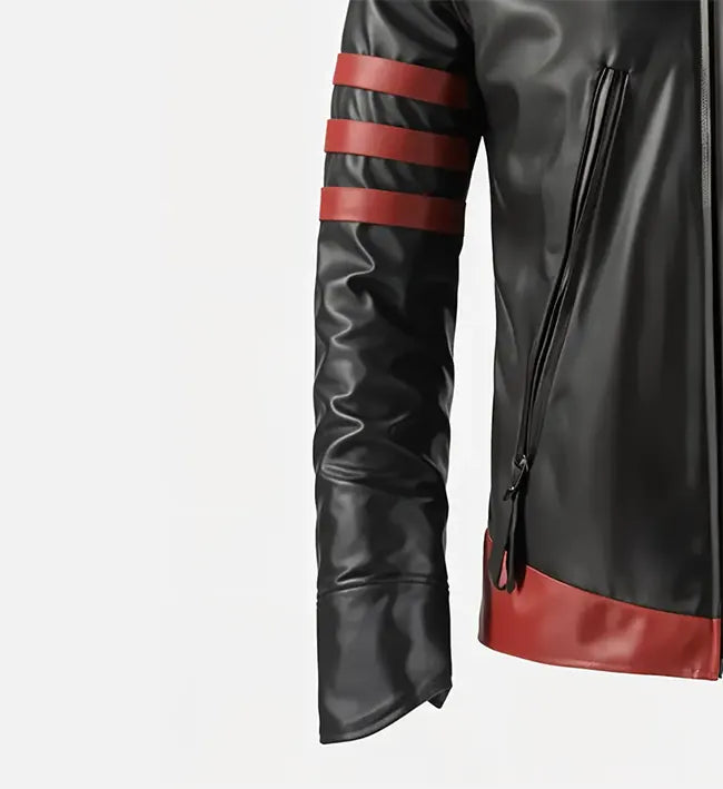 Black leather jacket with red accents on a white background